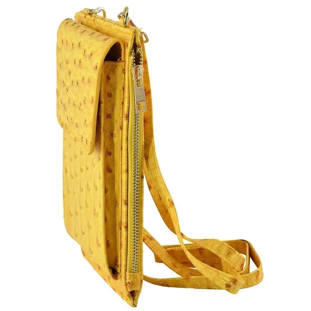 Mustard Ostrich Cell Phone Holder Purse Handbag with Detachable Shoulder Strap